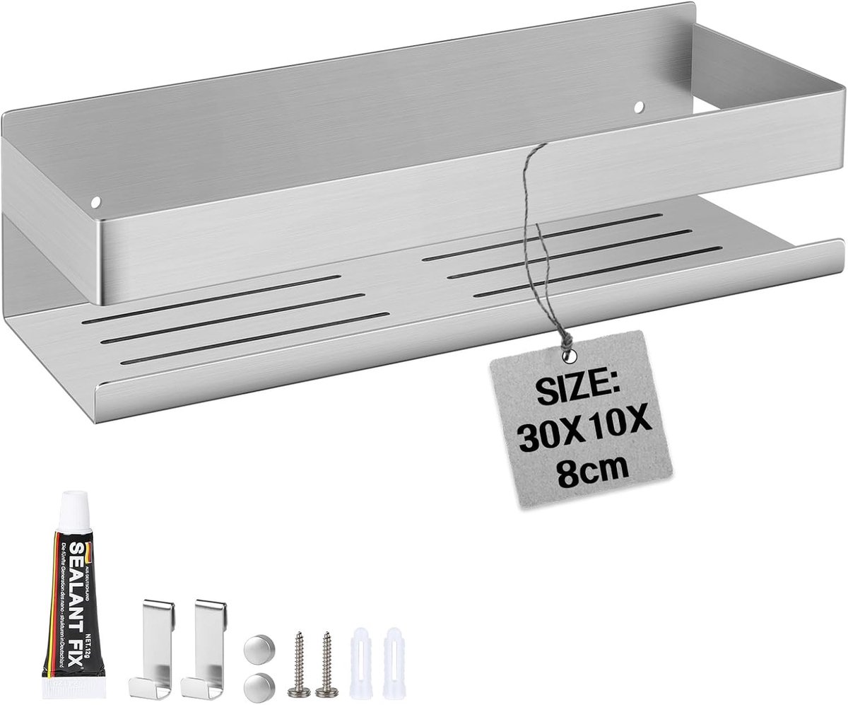 SnelShoppen - Doucheplank Zonder Boren 30cm - RVS Badkamer Rek met 2 Verplaatsbare Haakjes - Zelfklevende Badkamer Opbergruimte voor Shampoo en Douche