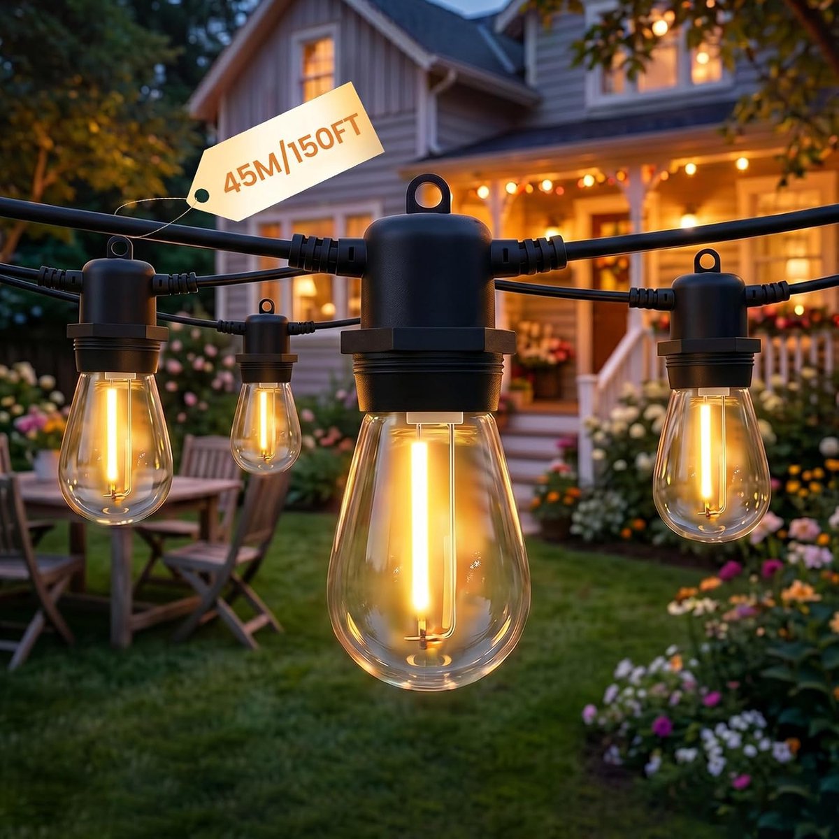 SnelShoppen - Lichtsnoer voor buiten 45 m met 45 + 3 LED lampen, waterdicht IP65, warm wit licht, perfect voor tuin, terras, bruiloft, feest en evenem