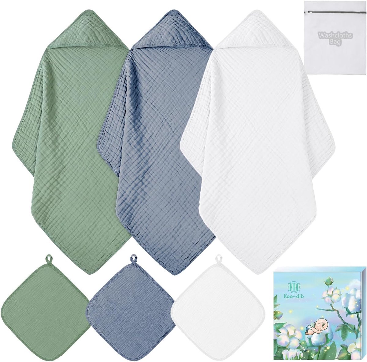 SnelShoppen - Newborn Badjas 0-3 Maanden & 6-12 Maanden met 6 Handdoeken Gecontroleerd Katoen Muslin, Ideaal Cadeau voor Meisjes en Jongens, 70 x 70 c