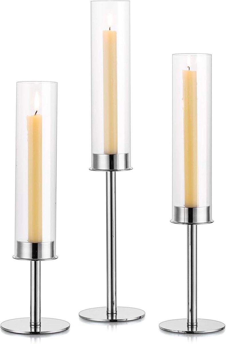 SnelShoppen - Elegante Zilveren Kaarsenhouders - 3 Stuks - 48/42/36cm - Decoratieve Kaarsenstandaards voor Taper Kaarsen - Verwisselbare Glazen Hurric