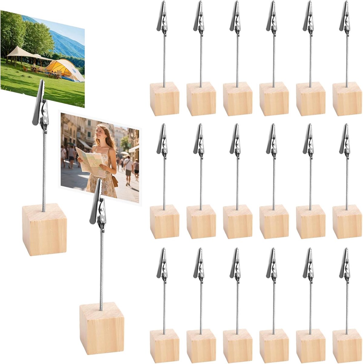 SnelShoppen - 20Pcs Foto Houders met Clips, Houten Memo Clip Houder met Krokodillenklem, Stabiliteitsbasis voor Bruiloft, Feest, Thuisdecoratie