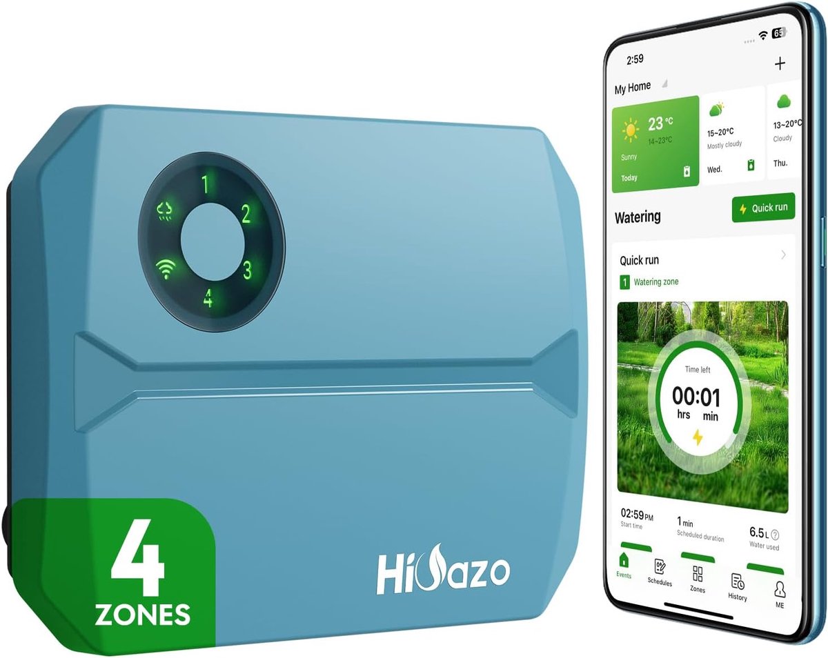 SnelShoppen - HSC-400W WiFi Besproeiingscomputer met App Controle, 4 Zones, Slimme Sprinklerregeling, 16 Besproeiingsprogramma's, Waterhamer Beschermi
