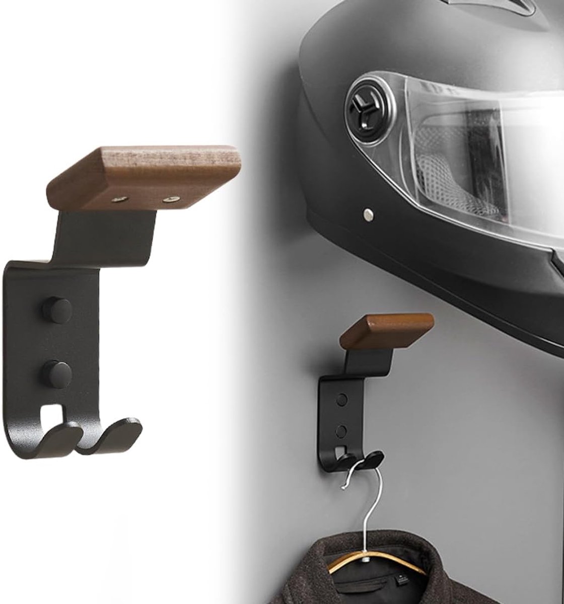 SnelShoppen - Beuken Houten Motorhelm Houder - Multifunctionele Wandbeugel voor Motorhelmen, Jassen, Tassen en Sleutels, Stevig Metaal en Hout, Ideaal