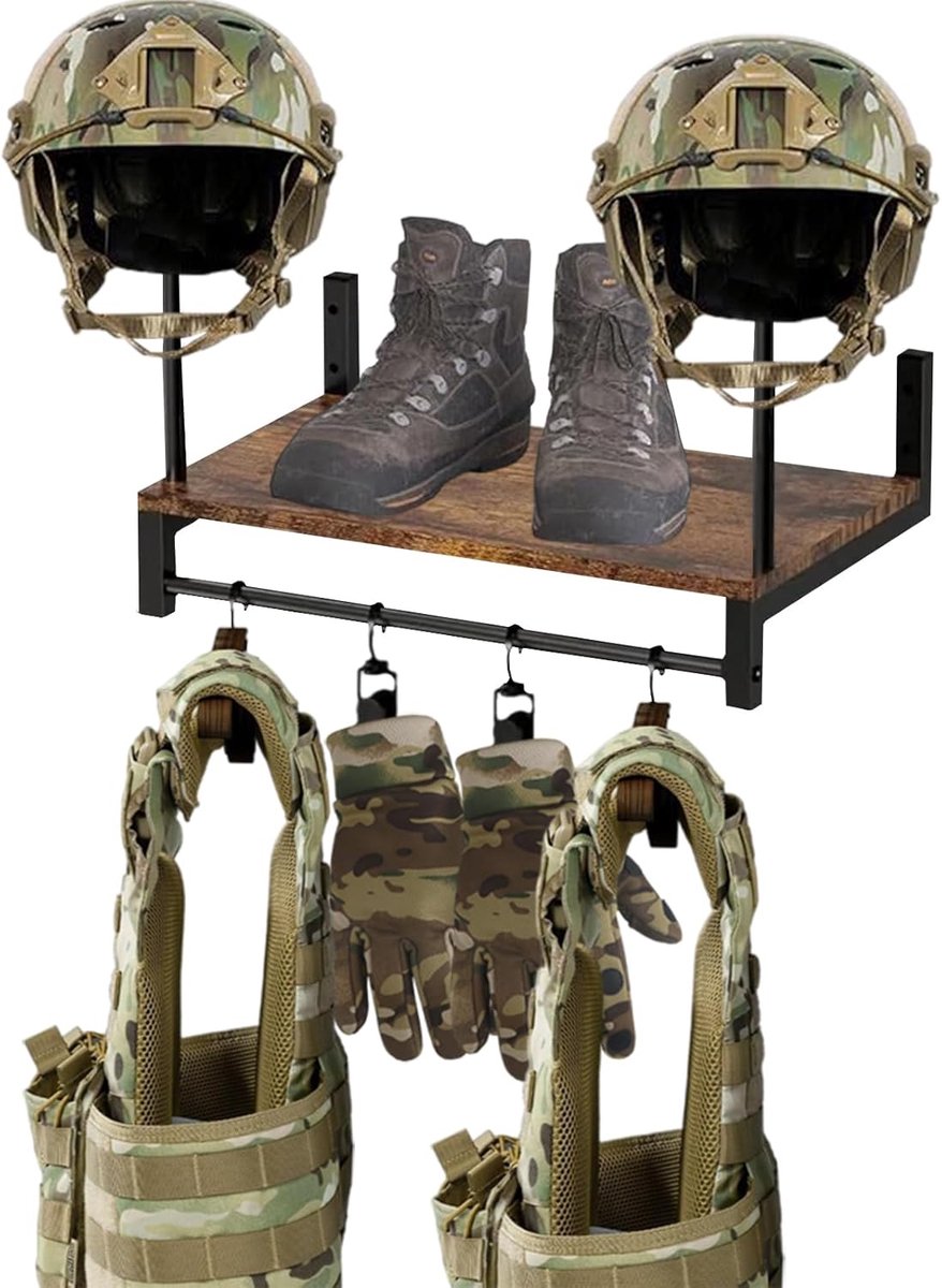 SnelShoppen - Tactical Equipment Wandhouder, Motorhelm Stand, Jas Hanger, Plate Carrier Rack Organizer voor Politie, Voetbal, Fietsen, Retro Stijl