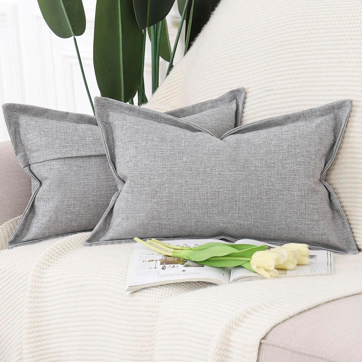 SnelShoppen - Set van 2 Imitatie Linnen Kussenslopen 30x50cm Lichtgrijs - Decoratieve Kussenhoezen voor Sofa en Slaapkamer met Brede Rand - Zachte Pol