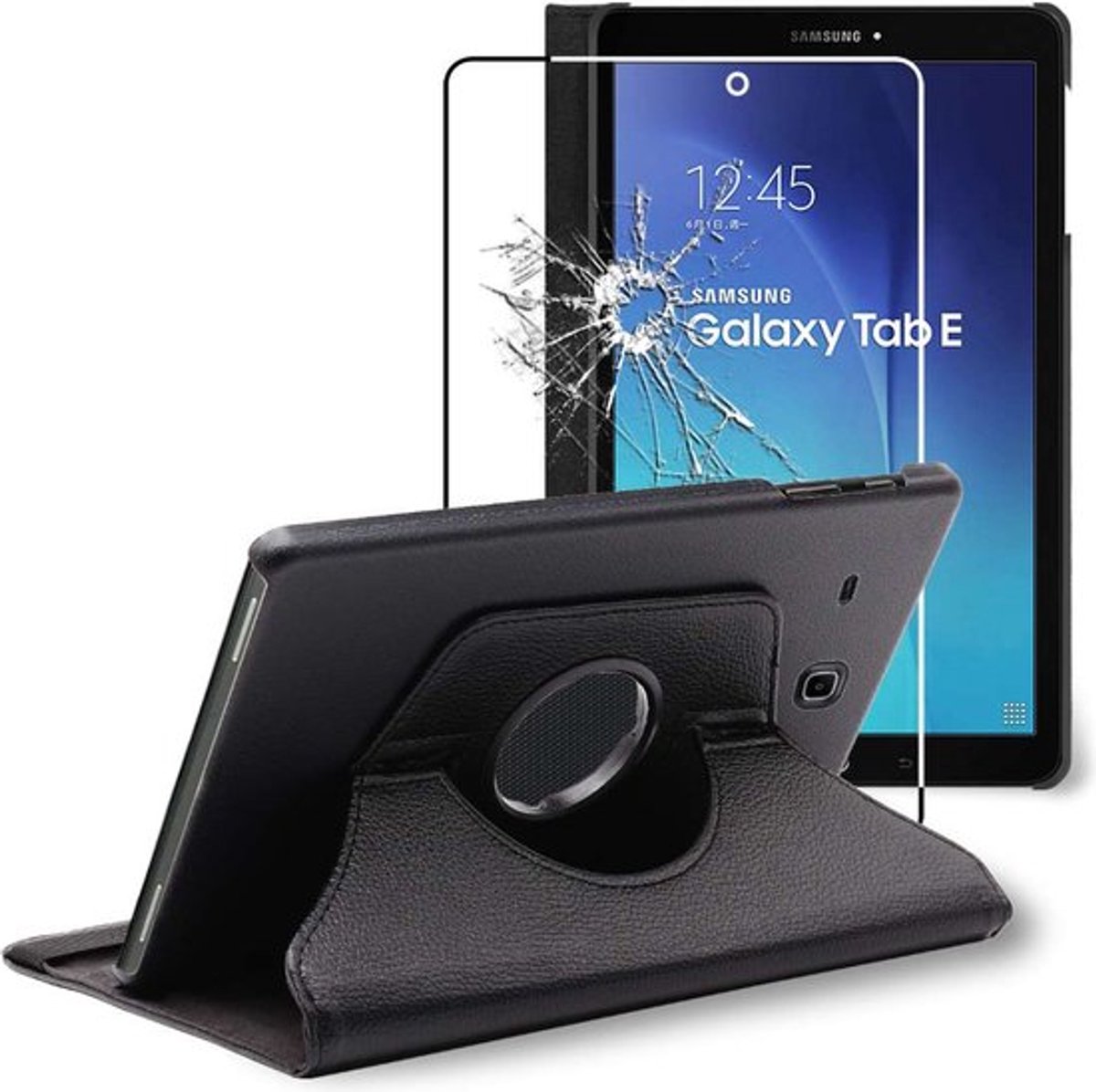 ebestStar - Hoes geschikt voor Samsung Galaxy Tab E 9.6 T560, T561, Roterende Etui, Case, 360° Draaibaar hoesje, Zwart + Gehard Glas