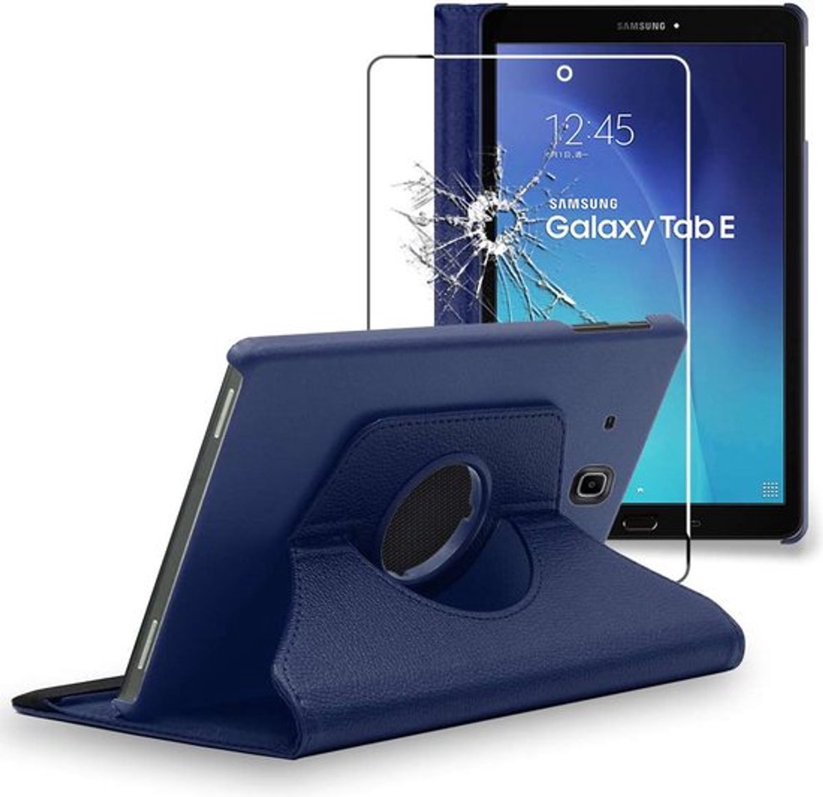 ebestStar - Hoes geschikt voor Samsung Galaxy Tab E 9.6 T560, T561, Roterende Etui, Case, 360° Draaibaar hoesje, Donkerblauw + Gehard Glas