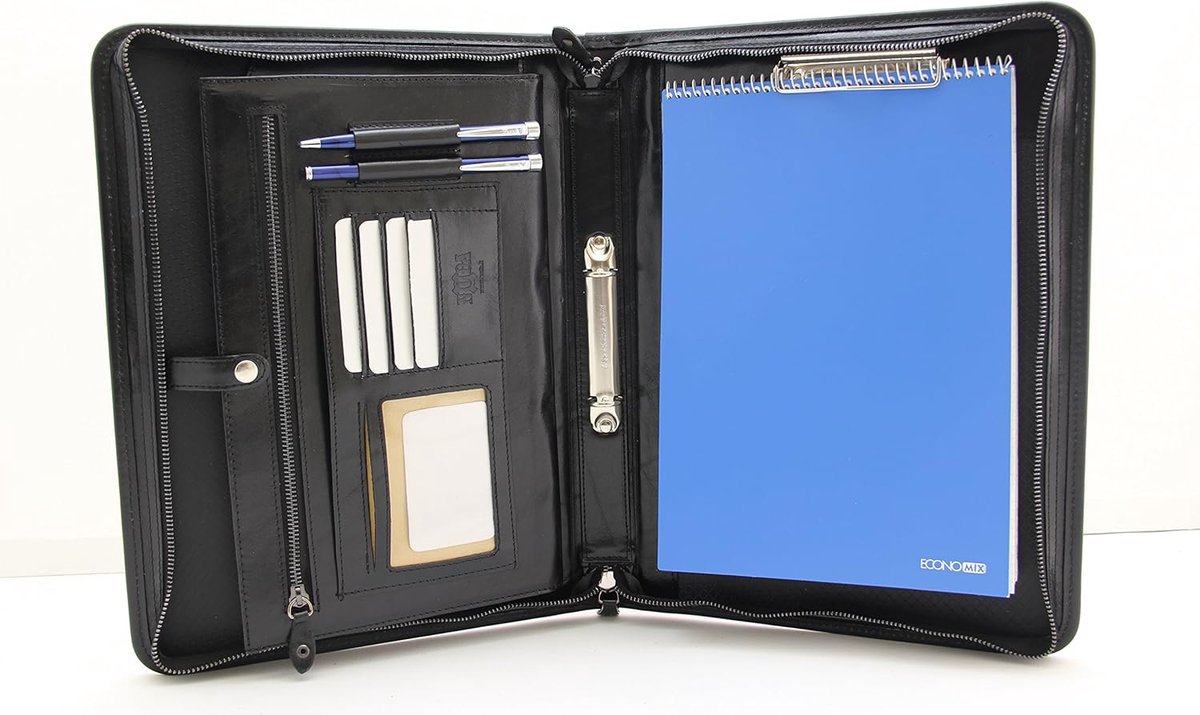 SnelShoppen - A4 Conference Folder van Italiaans Leer met Ringmechanisme, Clipboard en Handvat, Zwart, Perfect voor Vergaderingen en Professioneel Geb