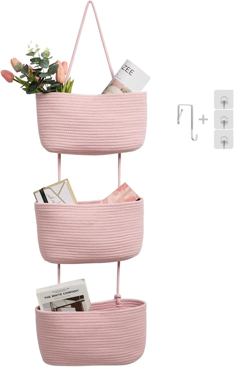 SnelShoppen - TeOKJ Wandhanging Basket, 3 Verdiepingen, Wandorganizer, Hangende Organizer, Katoenen Touwopbergmanden met Haken voor Wand, Hangrek, Bad