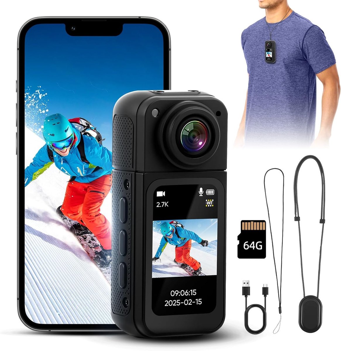 SnelShoppen - WiFi Action Cam 2.7K 1080P met 180° Rotatable Display, App Control, 64GB Kaart, Sportcamera, Motorhelm Camera, Voor Buitenactiviteiten,