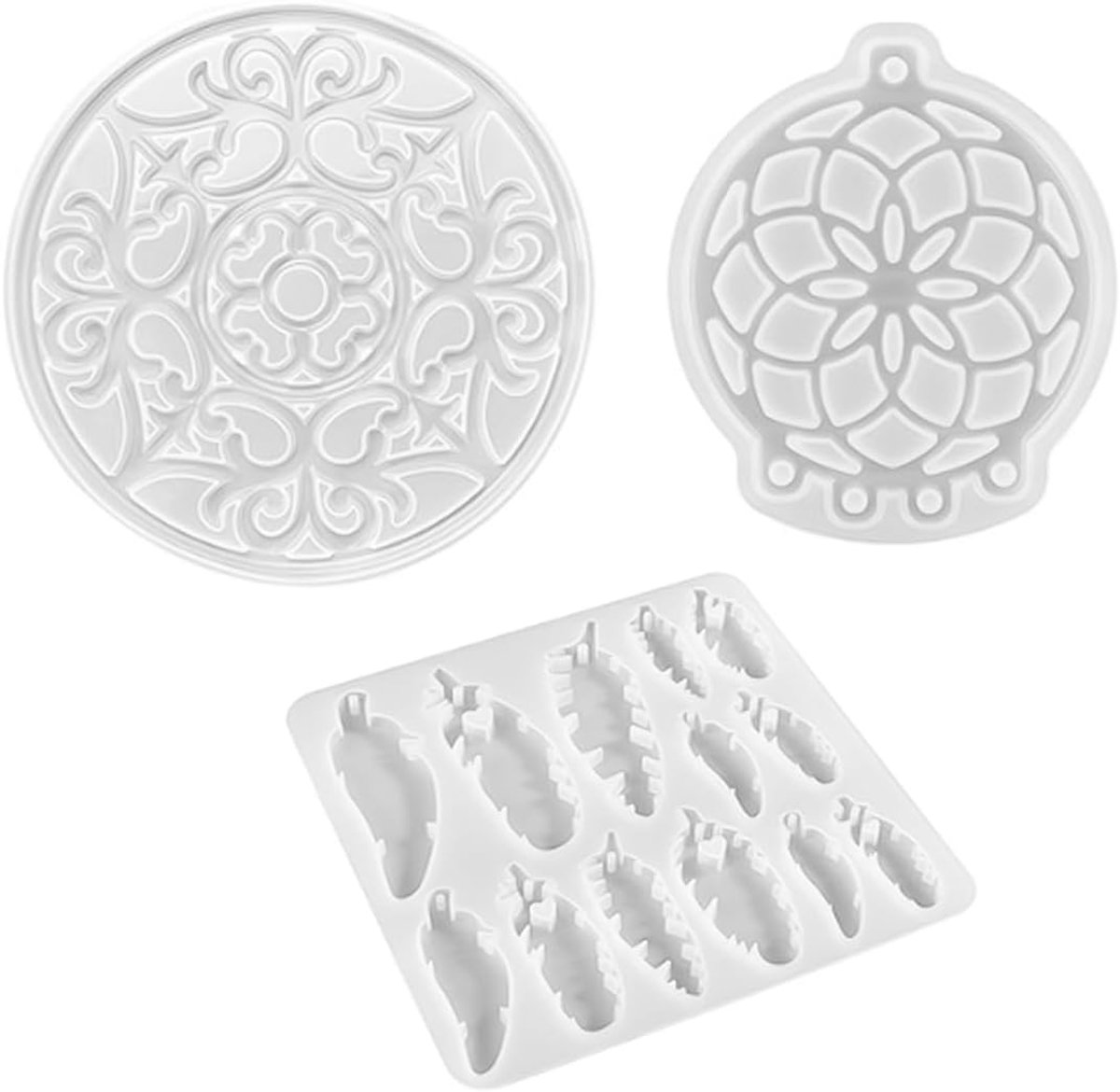 SnelShoppen - DIY Siliconen Mallen voor Dromenvanger Windgong Hangers - Bloem Basis, Pendant en Veer Ornament Maken - Flexibel, 3 Stuks, Creatieve Res