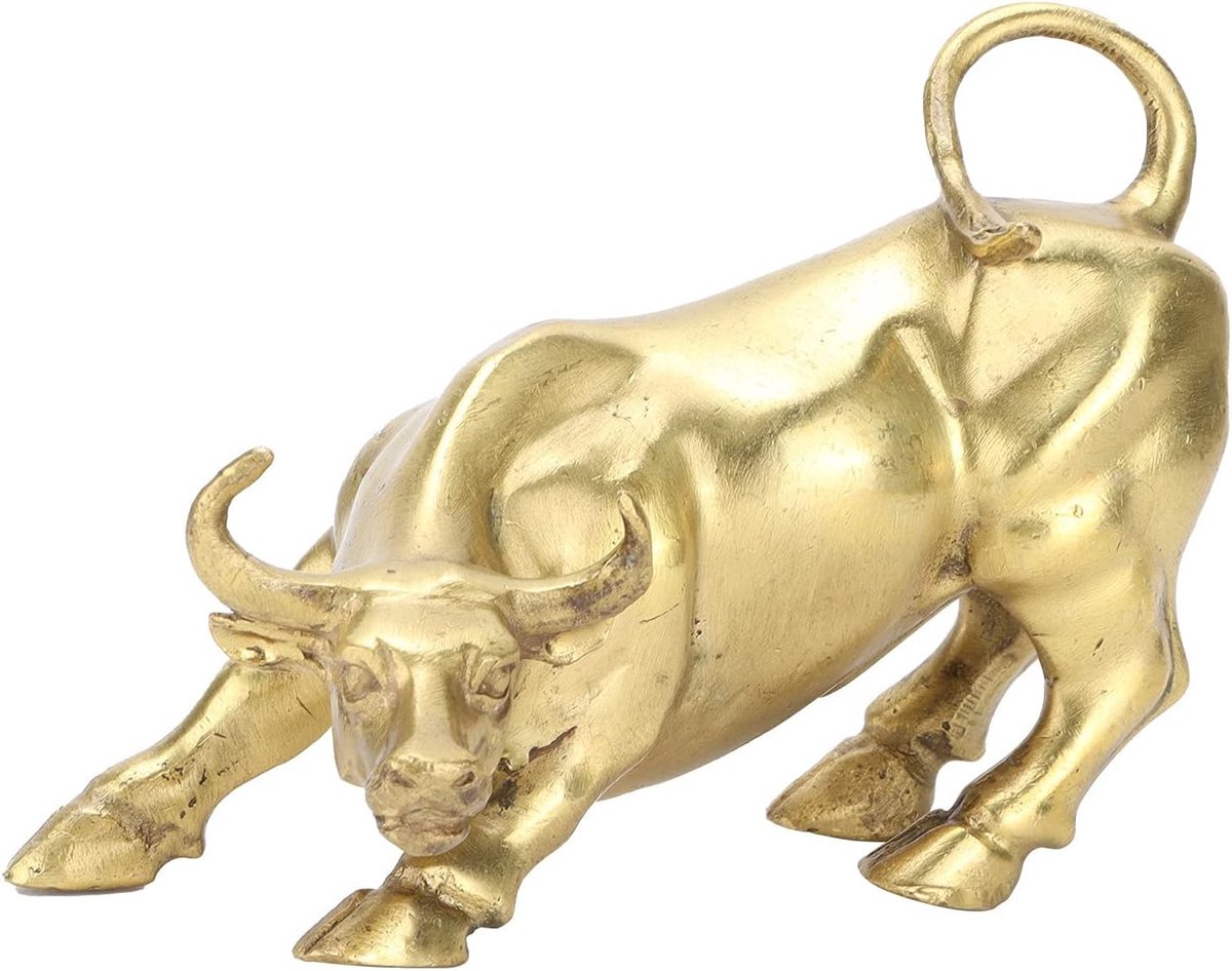 SnelShoppen - Brass Feng Shui Bull Beeldje, Geluk en Rijkdom, Gouden Koper Wanddecoratie, Perfect voor Thuis en Kantoor, 15 cm