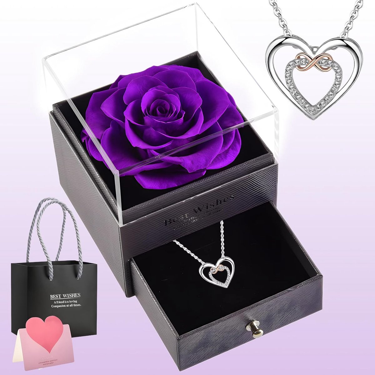SnelShoppen - Eternal Rose Crystal Heart Necklace voor Vrouwen, Paarse Geverfde Roos, Handgemaakte Sieraden, Perfect Voor Valentijnsdag, Moederdag, Ve