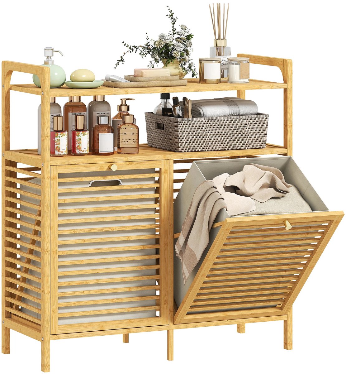 Stervia Dubbele Wasmand - Wasmand Met 2 Vakken - Bamboe Wasmand - 78 Liter - Ventilatie - Anti Kantel Banden - 82 × 33 × 88 cm