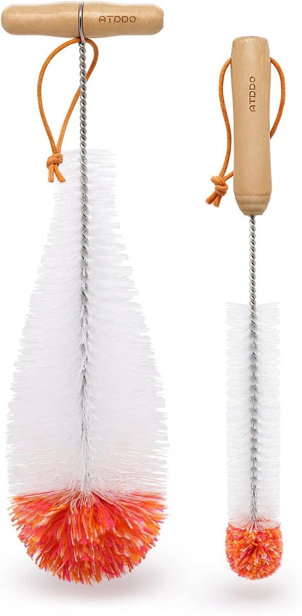 SnelShoppen - Set van 2 Flessenborstels voor SodaStream en Smalle Glazen Flessen - Duurzaam Nylon, RVS, Hout en Katoen - Ideaal voor Keuken, Camping e