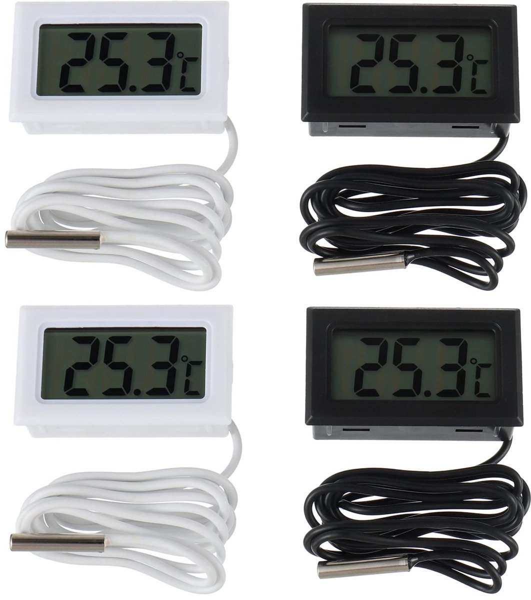 SnelShoppen - 4Pcs Digitale Fridge Thermometer met LCD Scherm, Waterdichte Probe voor Koelkast, Vriezer en Aquarium, 2 Zwart en 2 Wit, Incl. Thermohyg