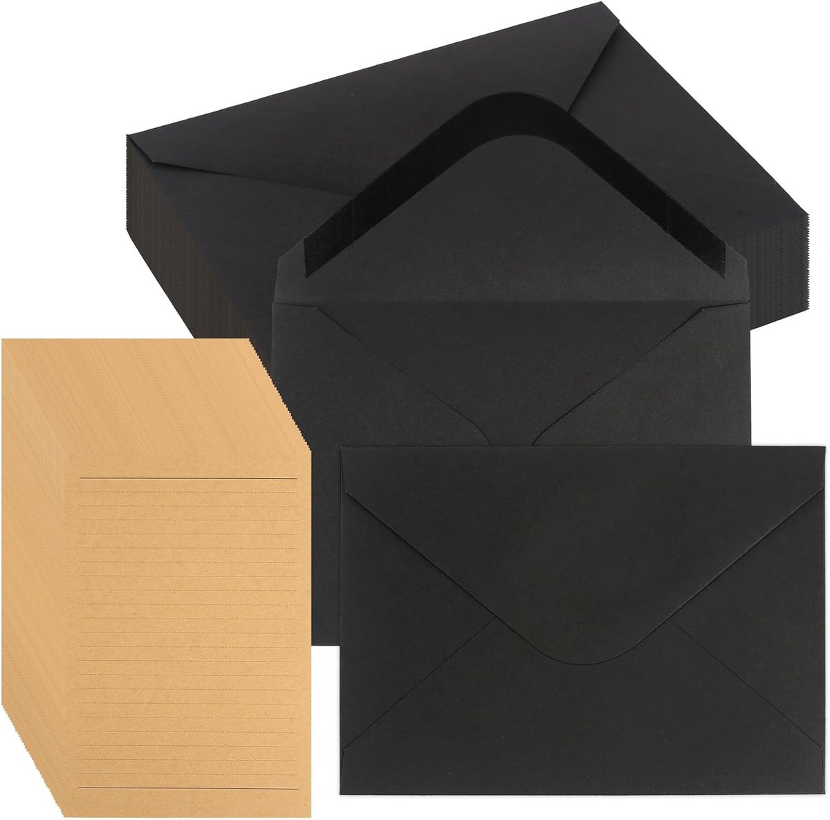 SnelShoppen - 50 Retro Enveloppen met Briefpapier, Kraftpapier, 125x175 mm, Zwart, Natte Plaksluiting, Perfect voor Wenskaarten, Uitnodigingen, Verjaa
