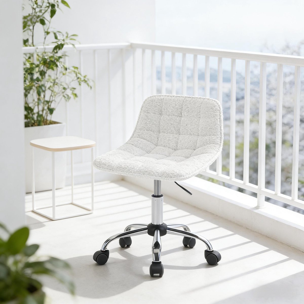 DESMIU Bureaustoel 43 x 50 x 60-67,5 cm - Verstelbaar In Hoogte En 360 Graden Draaibaar Met Wielen - Voor Kantoor En Kaptafel - Chenille Wit