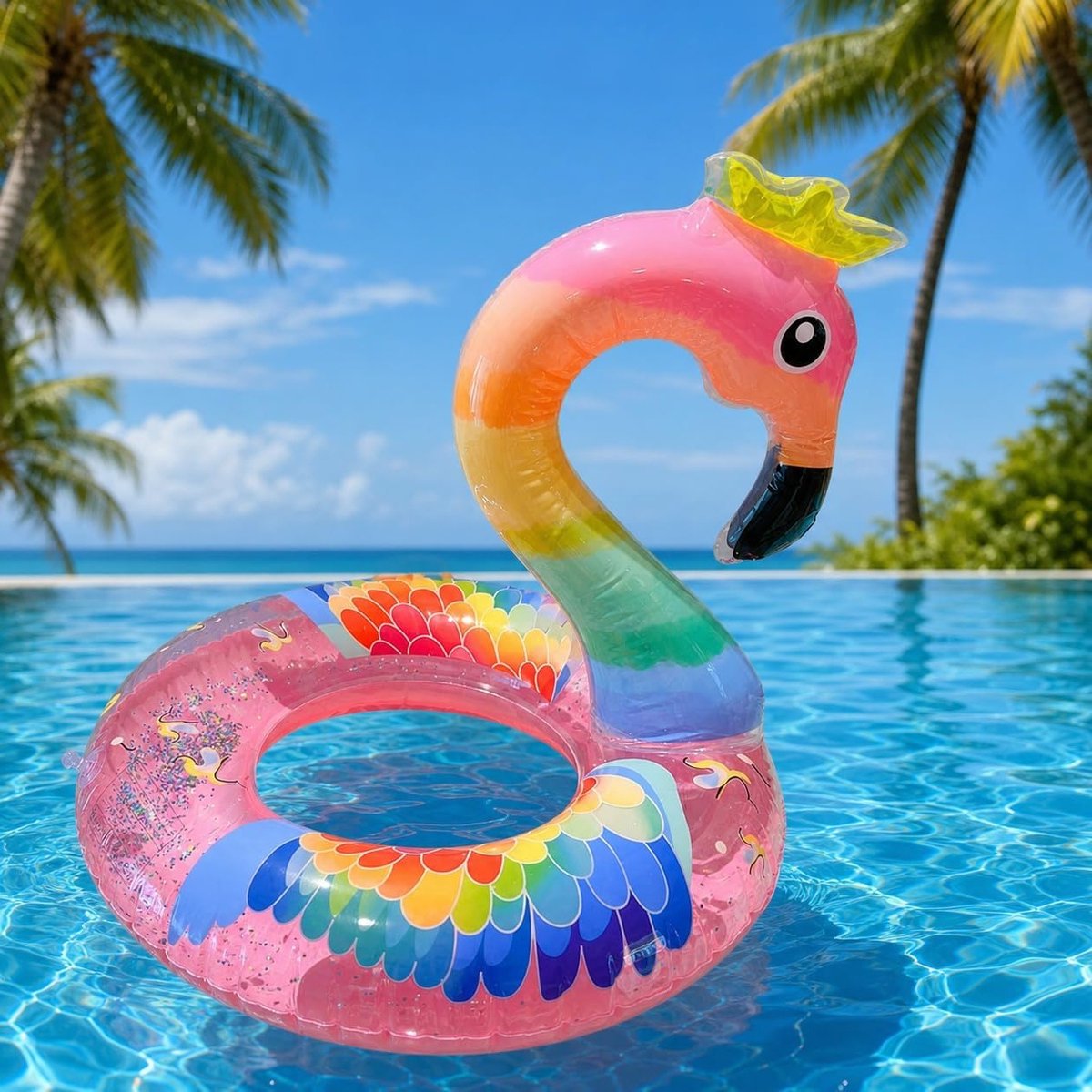 Opblaasbare Flamingo Zwemring met Glitter - Roze Zwemring voor Volwassenen en Kinderen, Perfect voor Poolparty's en Zomerplezier