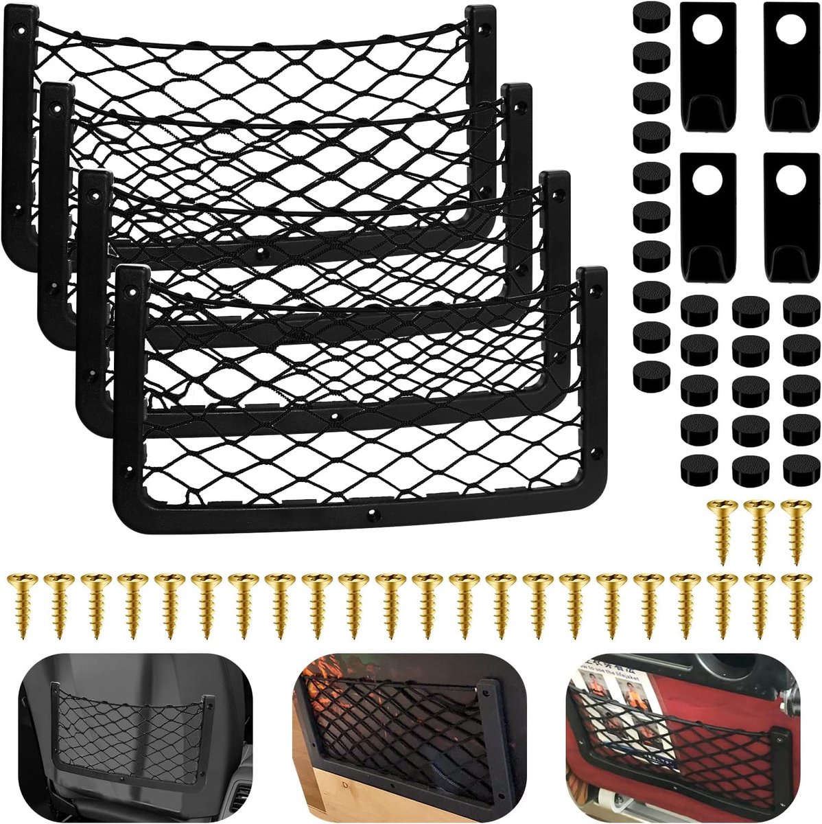 SnelShoppen - Set van 4 Bagagenetten voor Auto, SUV en Camper, Elastische Netten met Schroeven en Haken, Ideaal voor Opberging en Organisatie