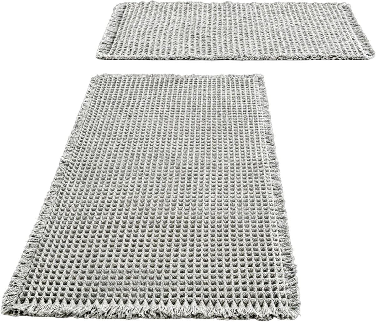 SnelShoppen - Badmat Set 2 Stuks (46 x 77 cm + 43 x 24 cm), Wasbare en Antislip Boho Badmat in Lichtgrijs voor Badkamer, Woonkamer, Wasruimte en Keuke