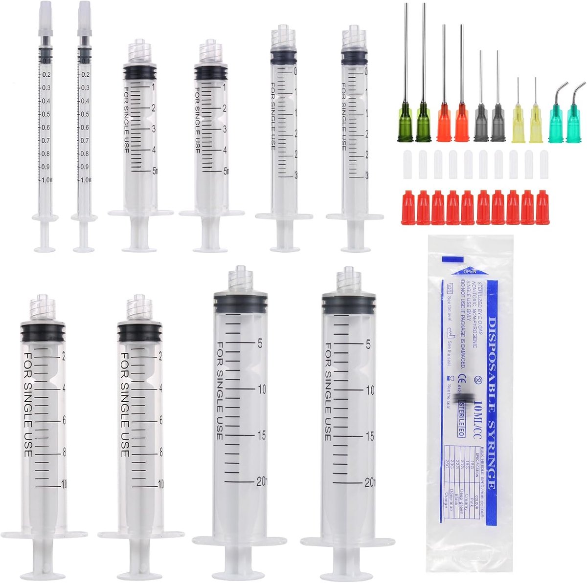 SnelShoppen - Pack van 10 Blunt Needles met Spuiten van 1 ml, 2 ml, 5 ml, 10 ml, 20 ml - Herbruikbare Plastic Syringes voor Vloeistof Metingen, Labora