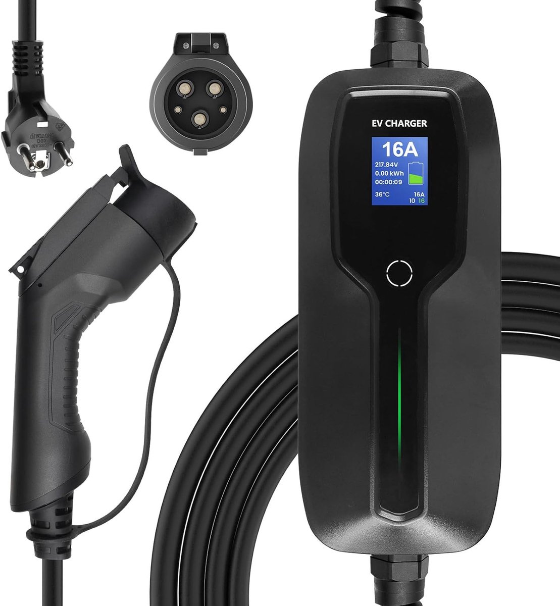 SnelShoppen - Typ1 Draagbare EV Oplaadkabel met Schakelbare Laadbox 10/16A en LCD Scherm - 6m Schuko 2 Pin EV Oplaadstation voor Elektrische Auto's