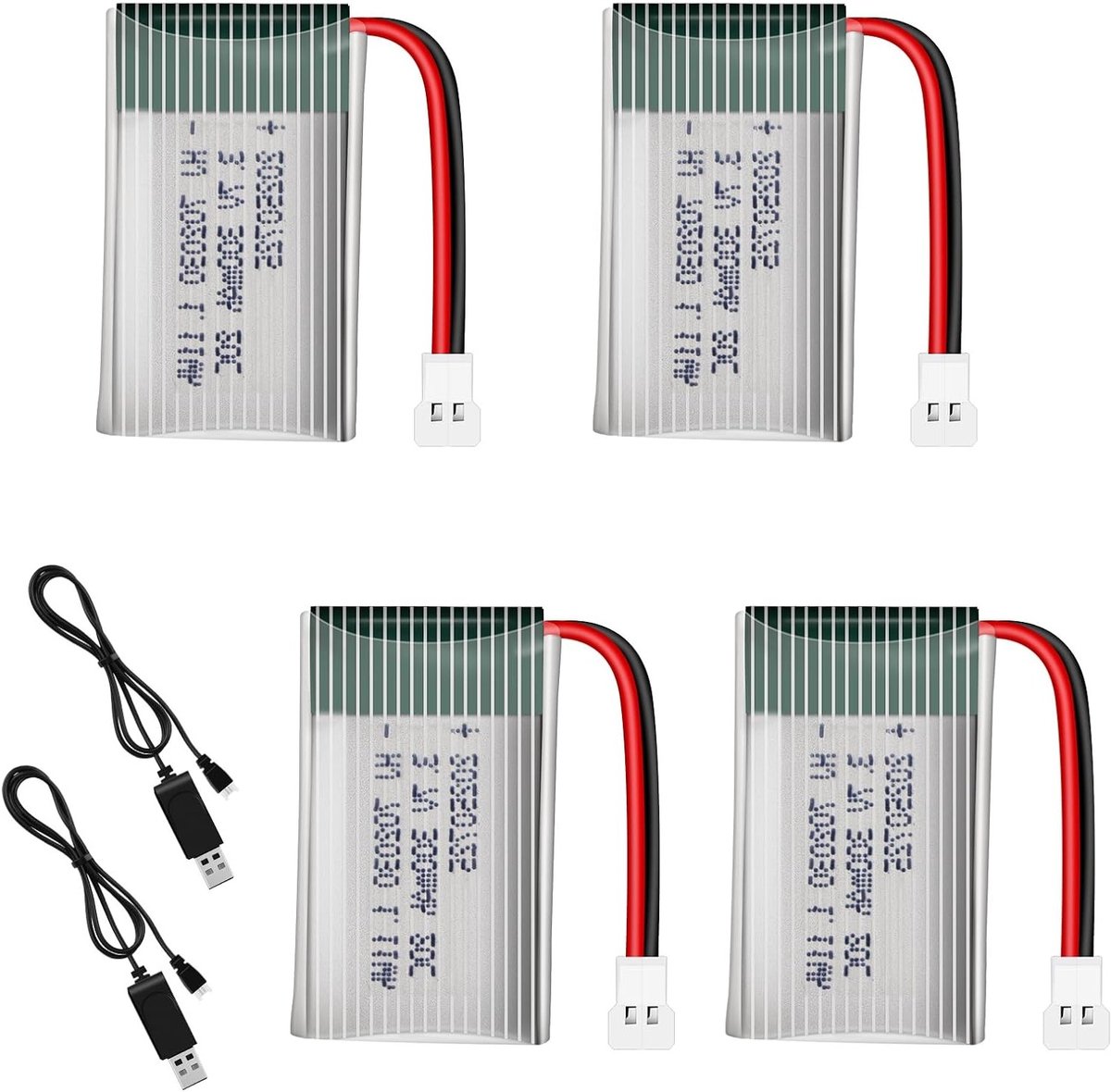 Set van 4 Lipo Batterijen 3.7 V 300 mAh voor Vliegtuigen, RC Helicopters en Drones - Ideaal voor Modelbouw en Speelgoed (37 x 20 x 8 mm, XH2.54 Plug)