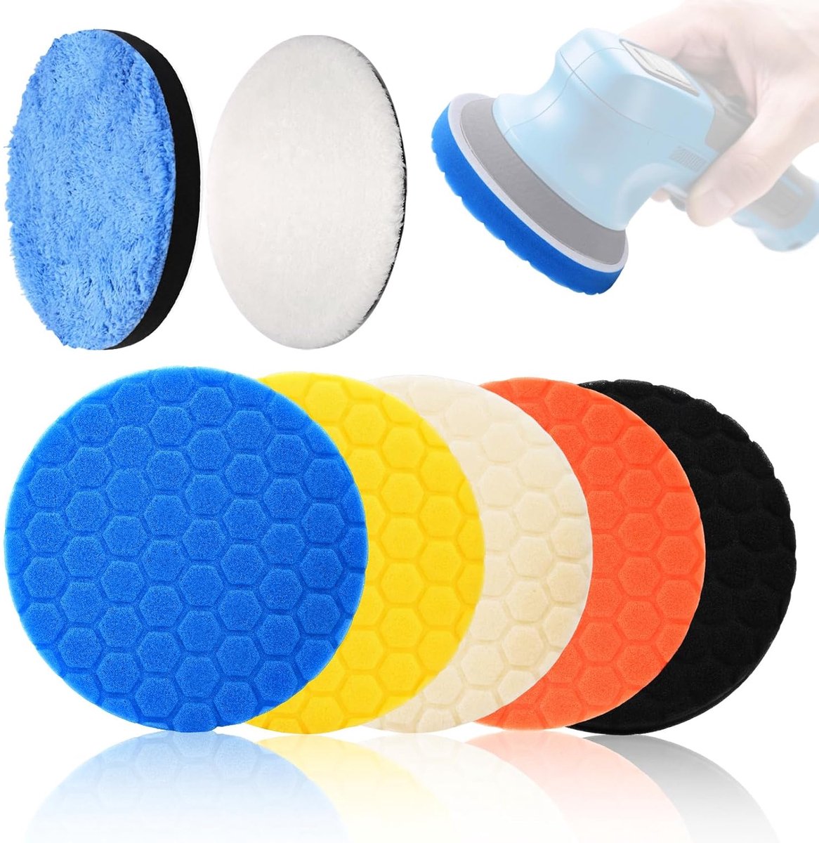 SnelShoppen - Polijstschuimset 7 Delig 150 mm Honeycomb Polijstpads voor Eccentrische Polijstmachines - Diverse Ruwheden voor Auto en Machine