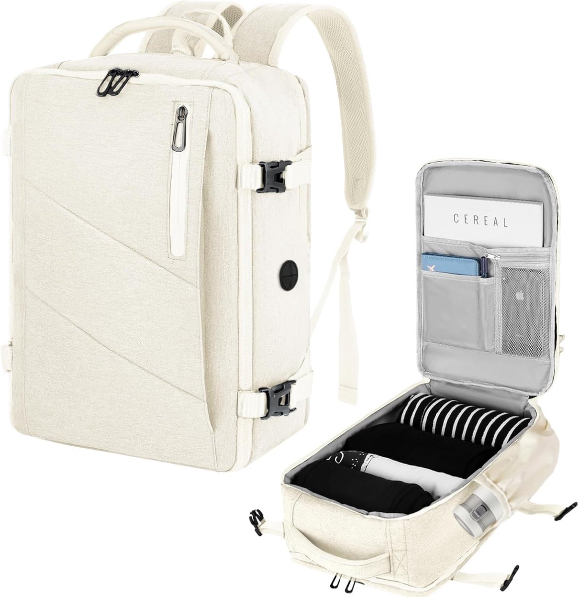 SnelShoppen - Beige Ryanair Cabin Bag 45x36x20 cm, Hand Luggage Backpack met USB Poort, 32L Reisbagage voor Laptop, Ideaal voor Mannen en Vrouwen