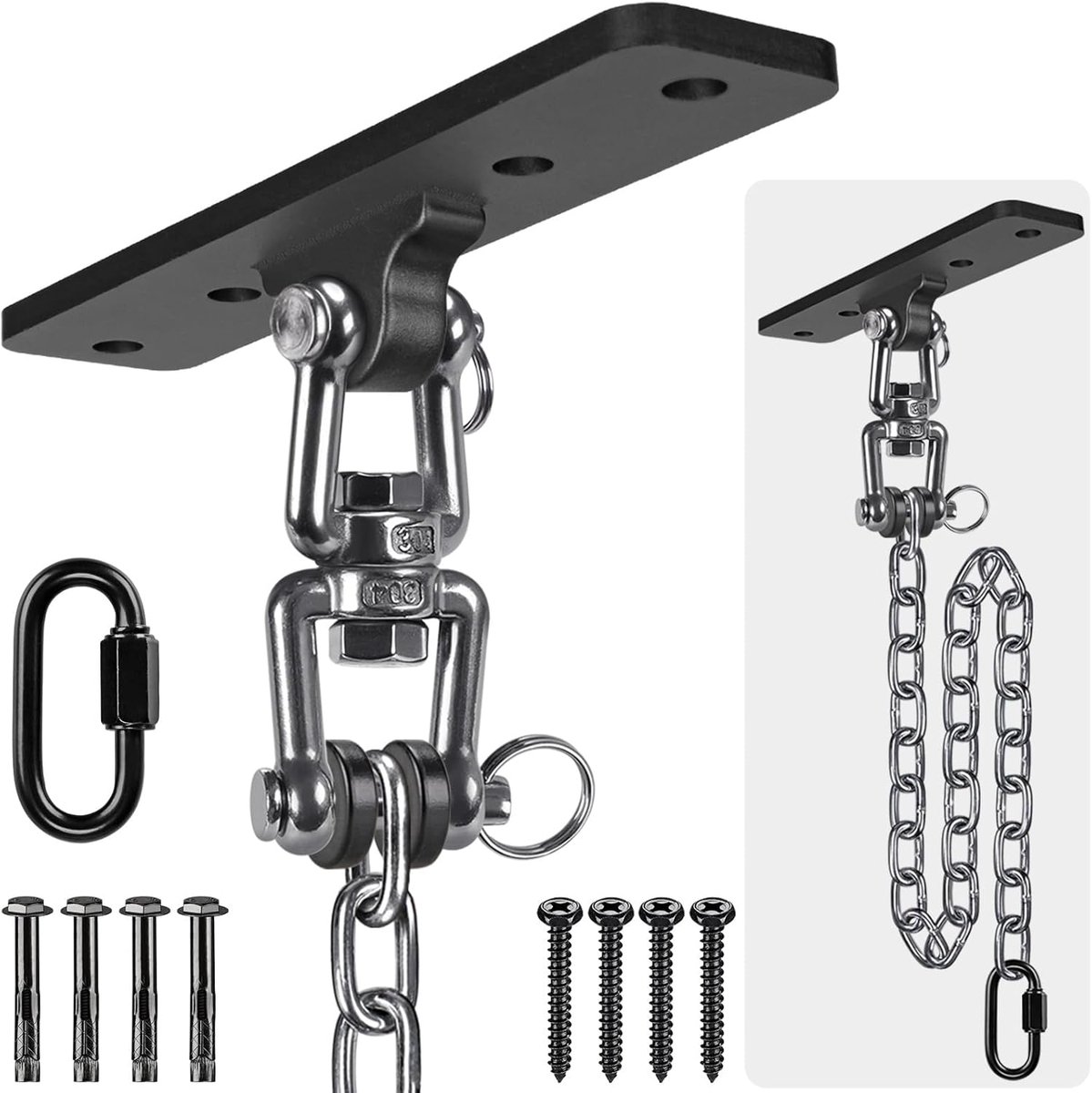 SnelShoppen - Heavy Bag Hangers voor Punching Bag, Ceilings Mount met Carabiner, 360° Draaibaar, RVS, Ideaal voor Krachttraining, Aerial Yoga, Schomme