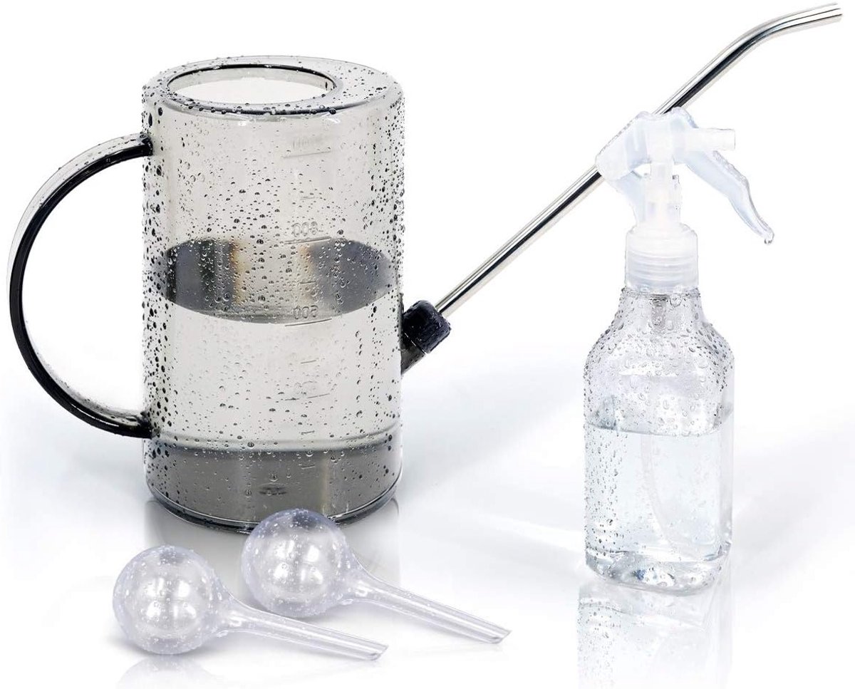Elegante Gieter voor Binnenplanten met Lange Tuit - Inclusief Sprayfles en Automatische Waterbolletjes voor Optimaal Watergeven aan Planten en Bloemen (1L Grijs)