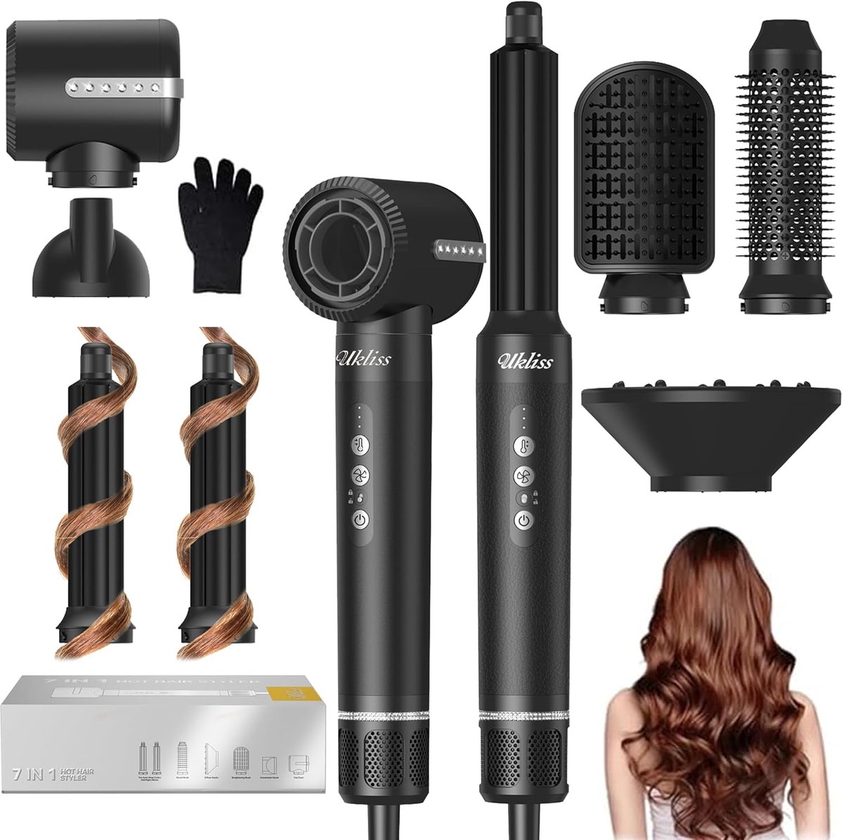 Thijox - 7-in-1 Professionele Haarstyler, Föhn Set met 1400 Watt Haardroger, Automatische Krultang, Stijltang, Airbrush, Ronde Borstel, Multistyler vo