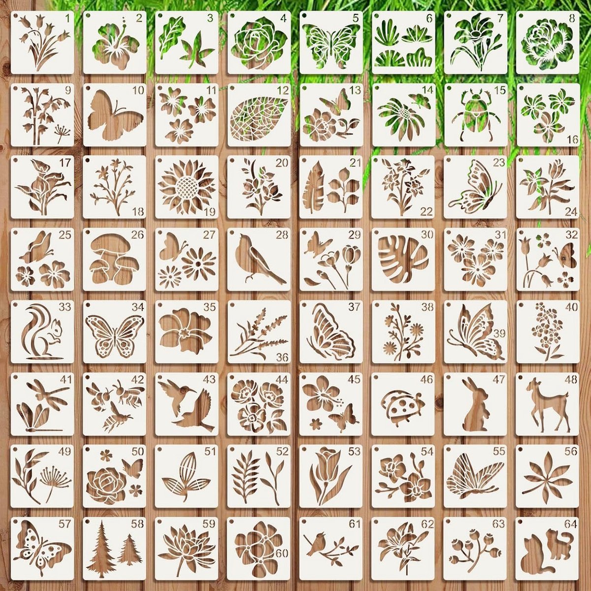 SnelShoppen - Set van 64 Stencils voor Schilderen van Flora en Fauna - Flexibel, Tear-resistant PET - Herbruikbaar, Duurzaam, Perfect voor Creatieve P