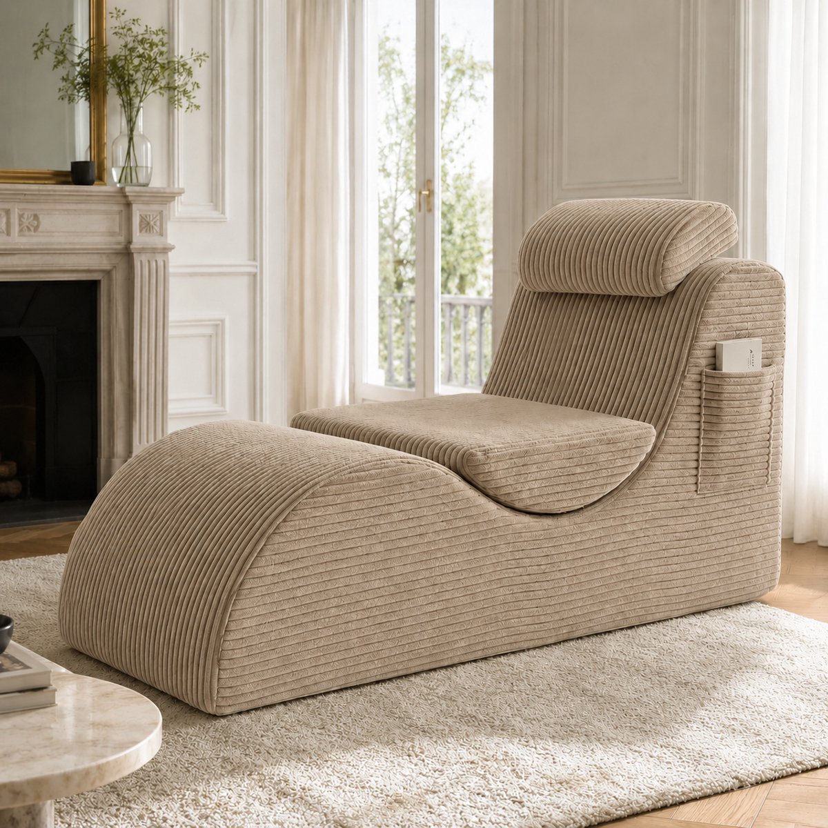 160×66×90 cm – Grote beige fauteuil van corduroy – Moderne, minimalistische loungestoel –