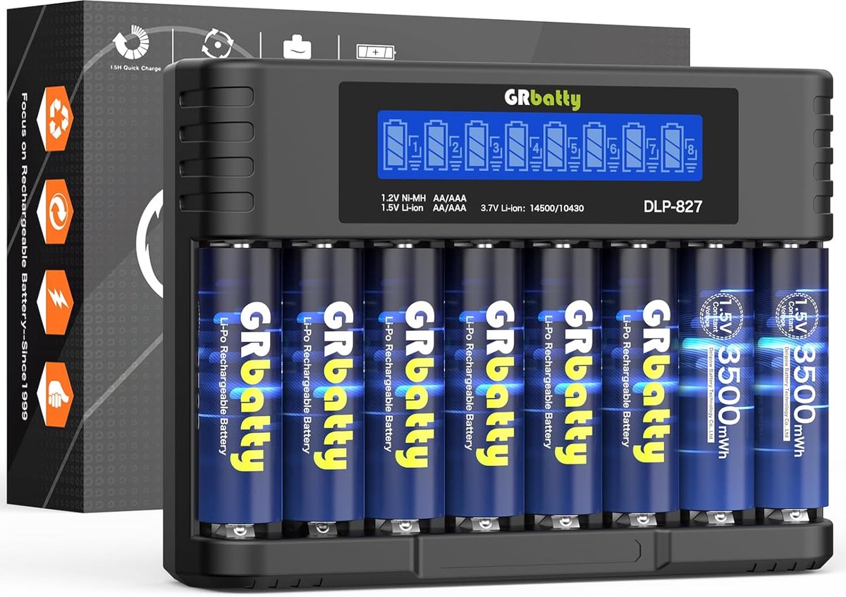 SnelShoppen - Oplaadbare Lithium AA Batterijen met Lader - 3500mWh - 1.5V - Hoge Capaciteit - 1500 Cycli - 8 Stuks voor Afstandsbedieningen, Wandklokk