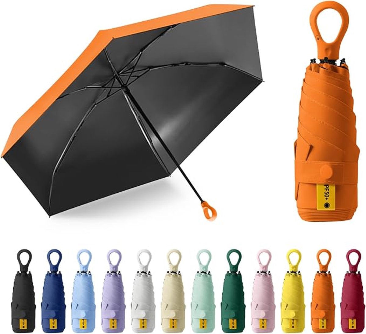 Zonneparaplu, zakparaplu, UPF50+, mini-paraplu met 6 baleinen, ringhandvat met opbergdoosje, geschikt voor zonnige en regenachtige dagen - oranje-rood