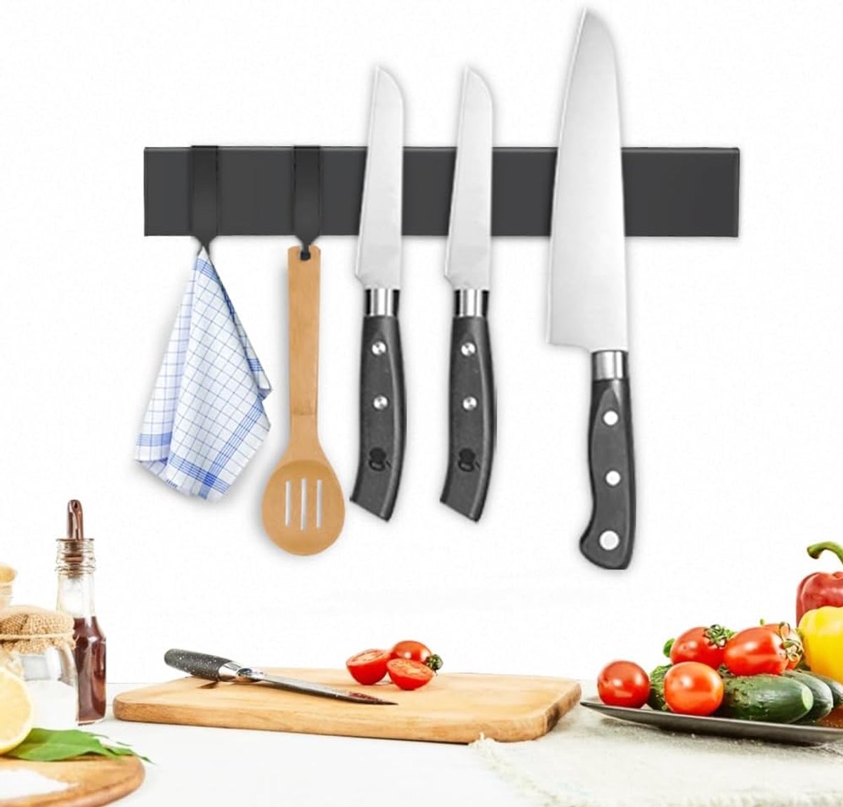 SnelShoppen - Magnetische Messinghouder 25 cm met 2 Haken, Zwart, Sterke Magnetische Messenset, Geen Boren, Voor Keuken, Gereedschap en Keukengerei