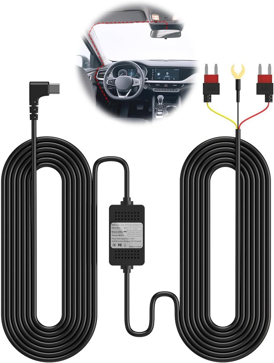 SnelShoppen - Hardwire Kit Type C Port 3.5m Voertuig Oplaadkabel (12V-24V naar 5V/3A) met Parkeerbewaking, Onder spanning Bescherming en Verborgen Ins