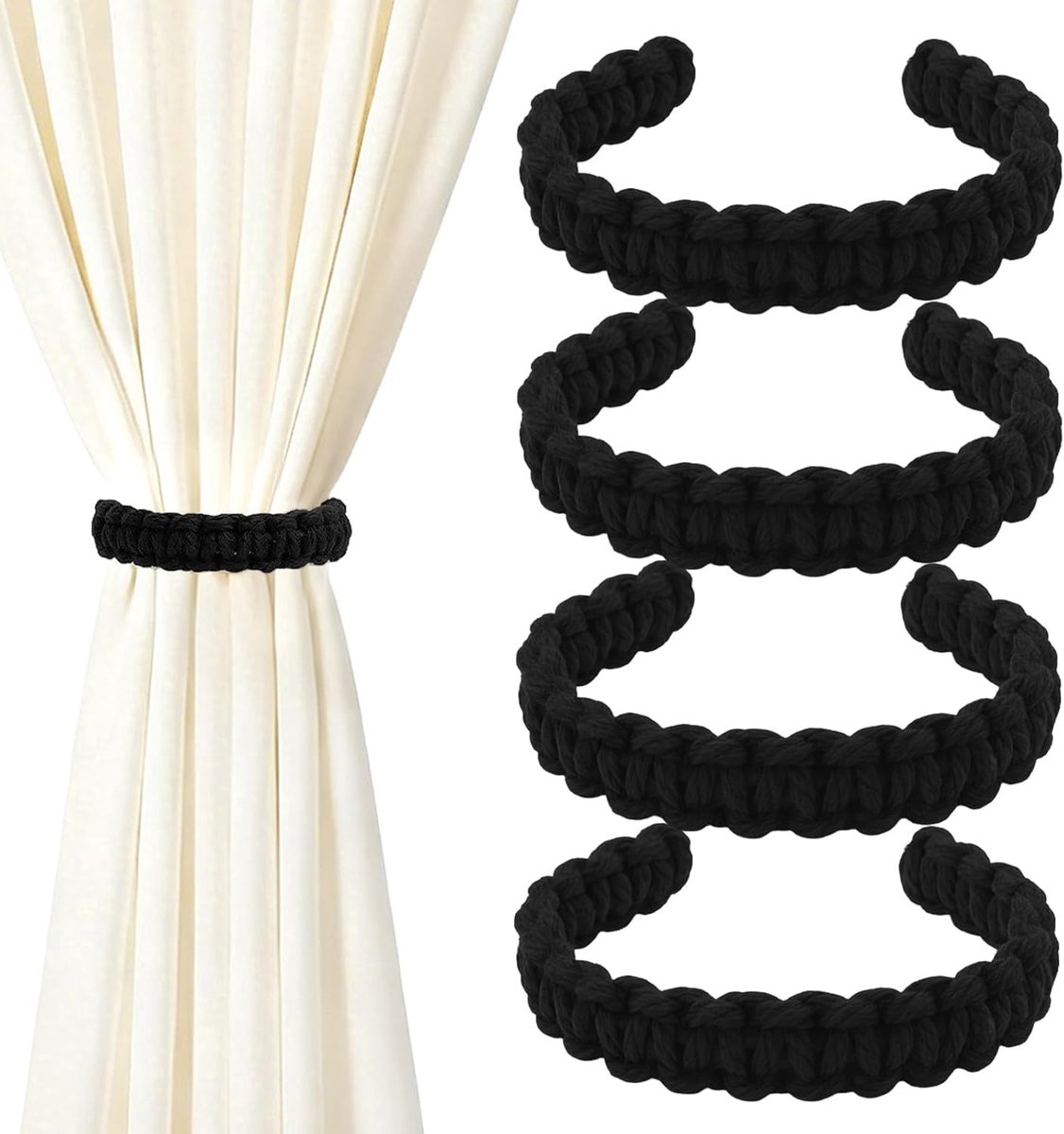 SnelShoppen - Set van 4 Sterke Magnetische Embrasses voor Witte Gordijnen, Buiten Gordijnhouders, Zwart, Ideaal voor Tuin, Feest en Camping
