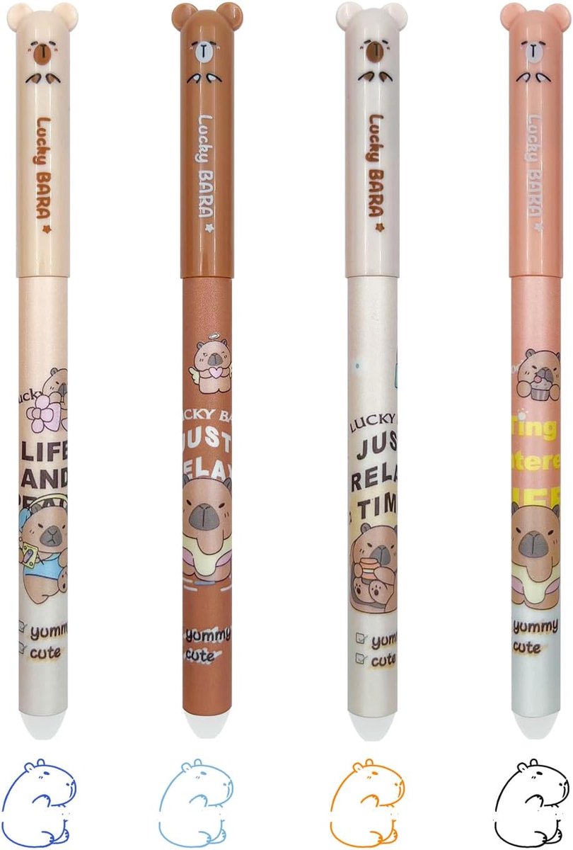 SnelShoppen - Set van 4 Gelschrijfpennen met Wistip, Capybara Cartridge, Ballpoint Pen voor het Verwijderen van Inkt, Blauw, Zwart, Luchtblauw, Oranje