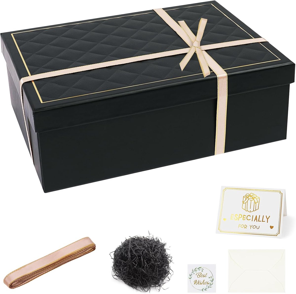 SnelShoppen - Cadeauverpakking met Deksel 25x18x8,5 cm - Geschenkdoos voor Mannen en Vrouwen - Presentdoos met Karton, Snipperpapier en Lint voor Verj
