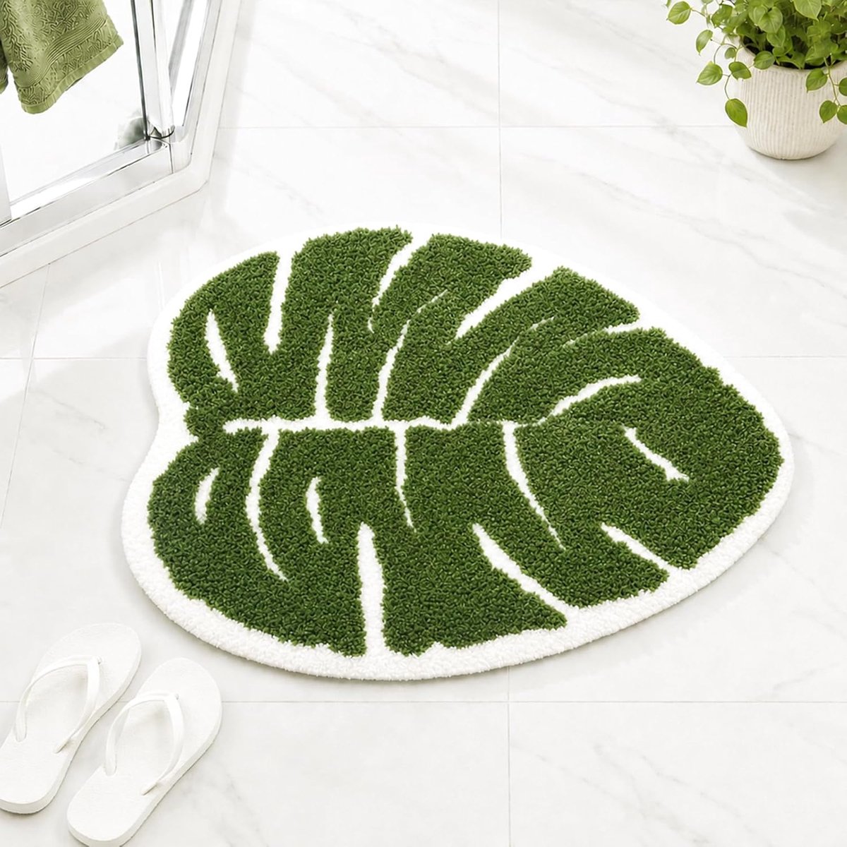 SnelShoppen - Grünes Blatt Antislip Badmat Microvezel 60x53cm - Wasbare en Sneldrogende Vloermat voor Badkamer, Absorberend en Comfortabel - Zacht en