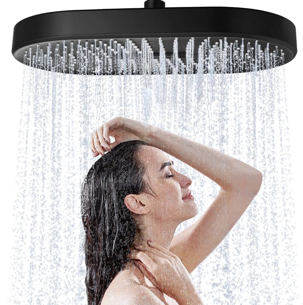 SnelShoppen - Large Rain Shower Head 14 Inch XXL Overhead Douchekop met Liquid Silicone Sprayers, Zwart, Hoge Druk, Zelfreinigend, Ideaal voor Luxe Ba