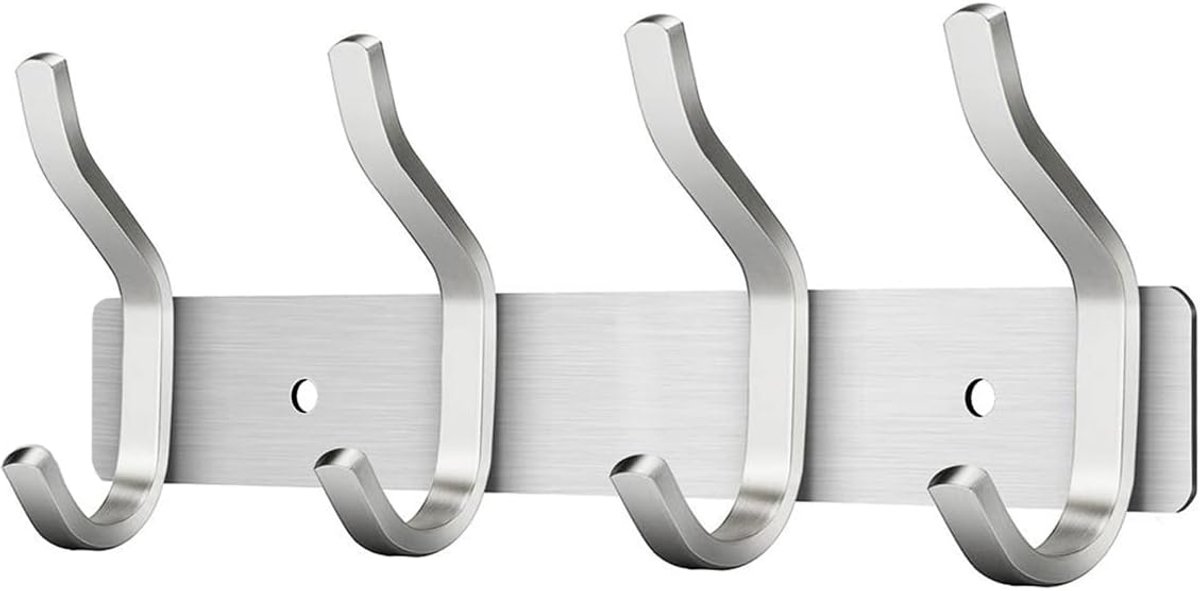 SnelShoppen - Wandhaak RVS - 4 Dubbele Haakjes - Minimalistische Kledinghaak voor Slaapkamer, Badkamer, Keuken - Ruimtebesparend - Zilver