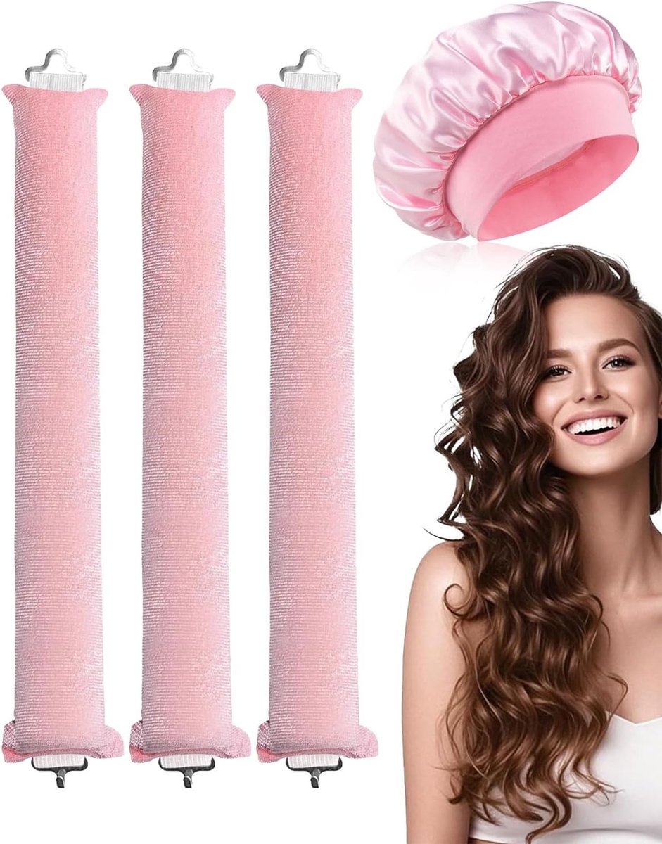 SnelShoppen - 3 Pack Heat Free Haar Krulset met Slaapcap voor Nachtelijke Krullen, Warmtevrije Krultangen voor Lang en Middellang Haar, Roze, Perfect