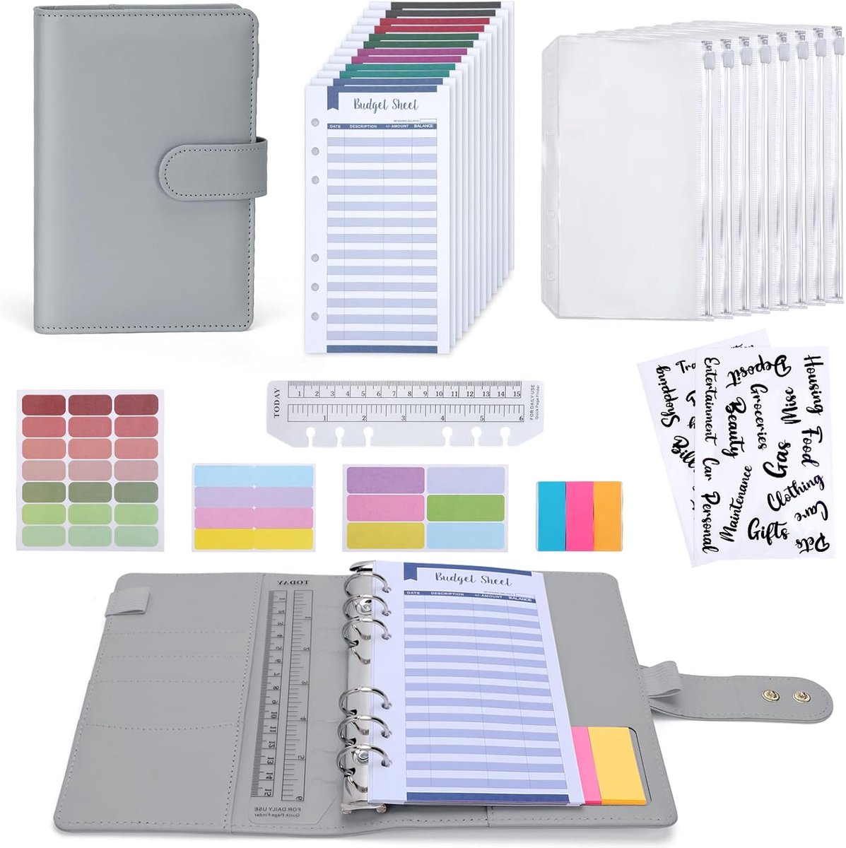 SnelShoppen - Budget Binder A6 met Envelopes voor Cash, Geldbesparende Planner met Verstelbare Drukknoop, Grijze Geld Organizer en Spaarboekje