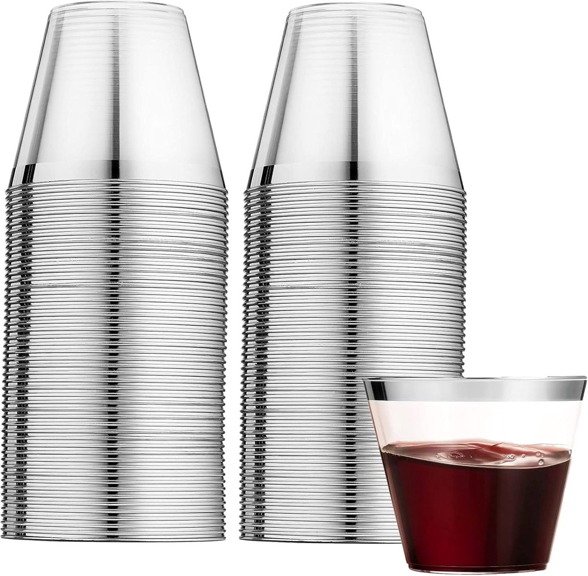 SnelShoppen - 60 Stuks Plastic Cups met Zilveren Rand, 270ml Herbruikbare Drinkbekers, Elegante Party Glazen voor Champagne, Bier, Cocktail, Martini,