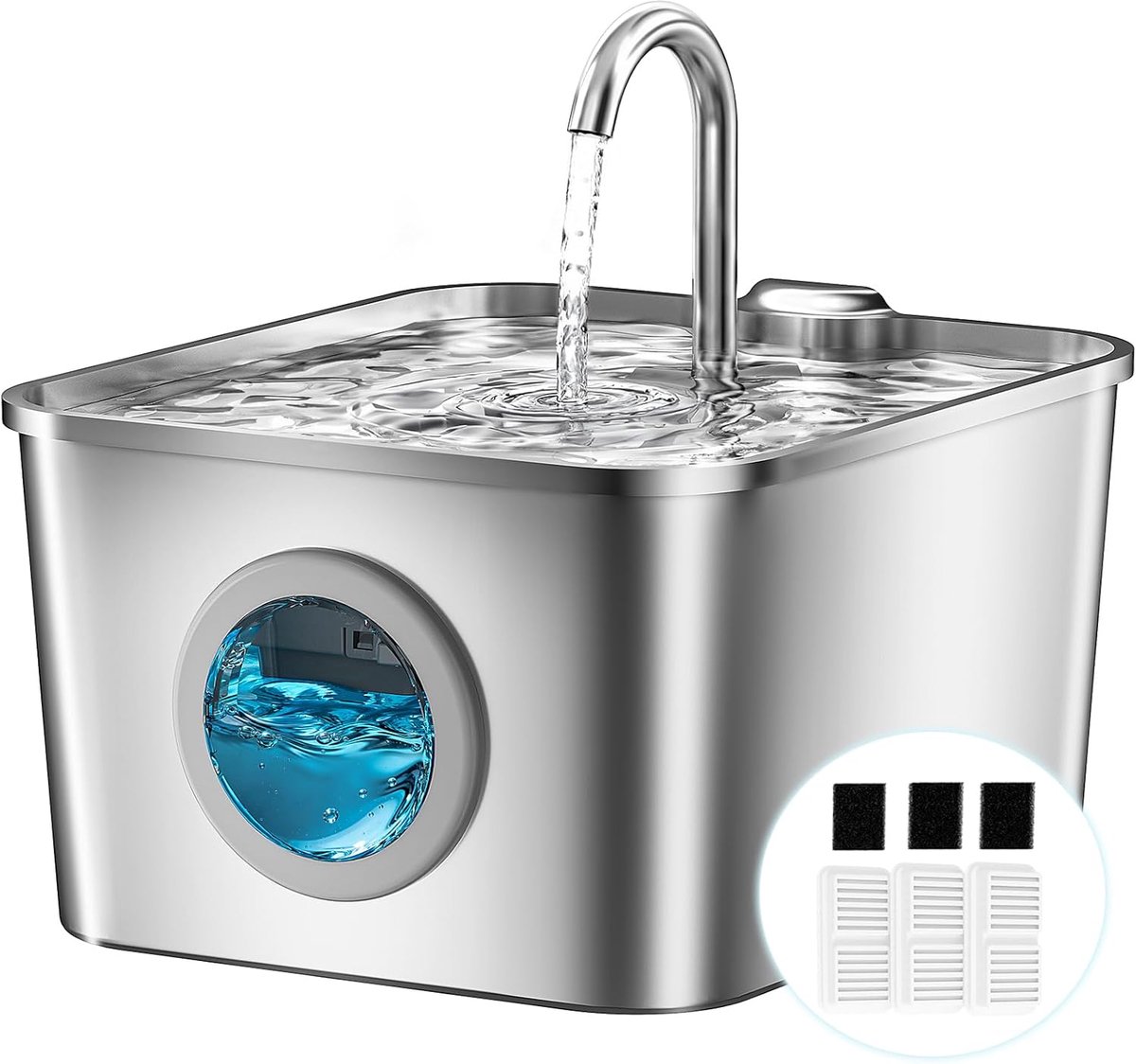 Thijox - Katten Drinkfontein 2,6 L van Roestvrij Staal, Stille Automatische Drinkfontein met Kabel, Vierlaagse Filtering, 3 Filters en 3 Sponsjes, Gem