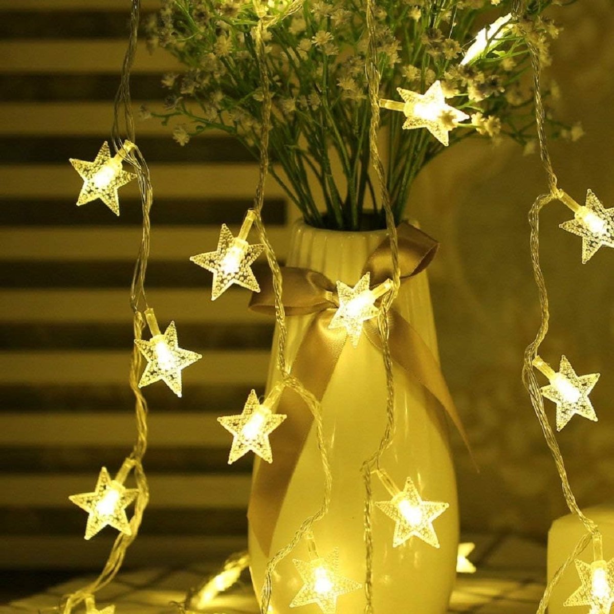 Sfeervolle Buitenzetterachtige Sterren String Lights - 5M 50 LED Batterij Aangedreven Decoratieve Verlichting voor Kerstmis, Bruiloft en Verjaardagen (Warm Wit)